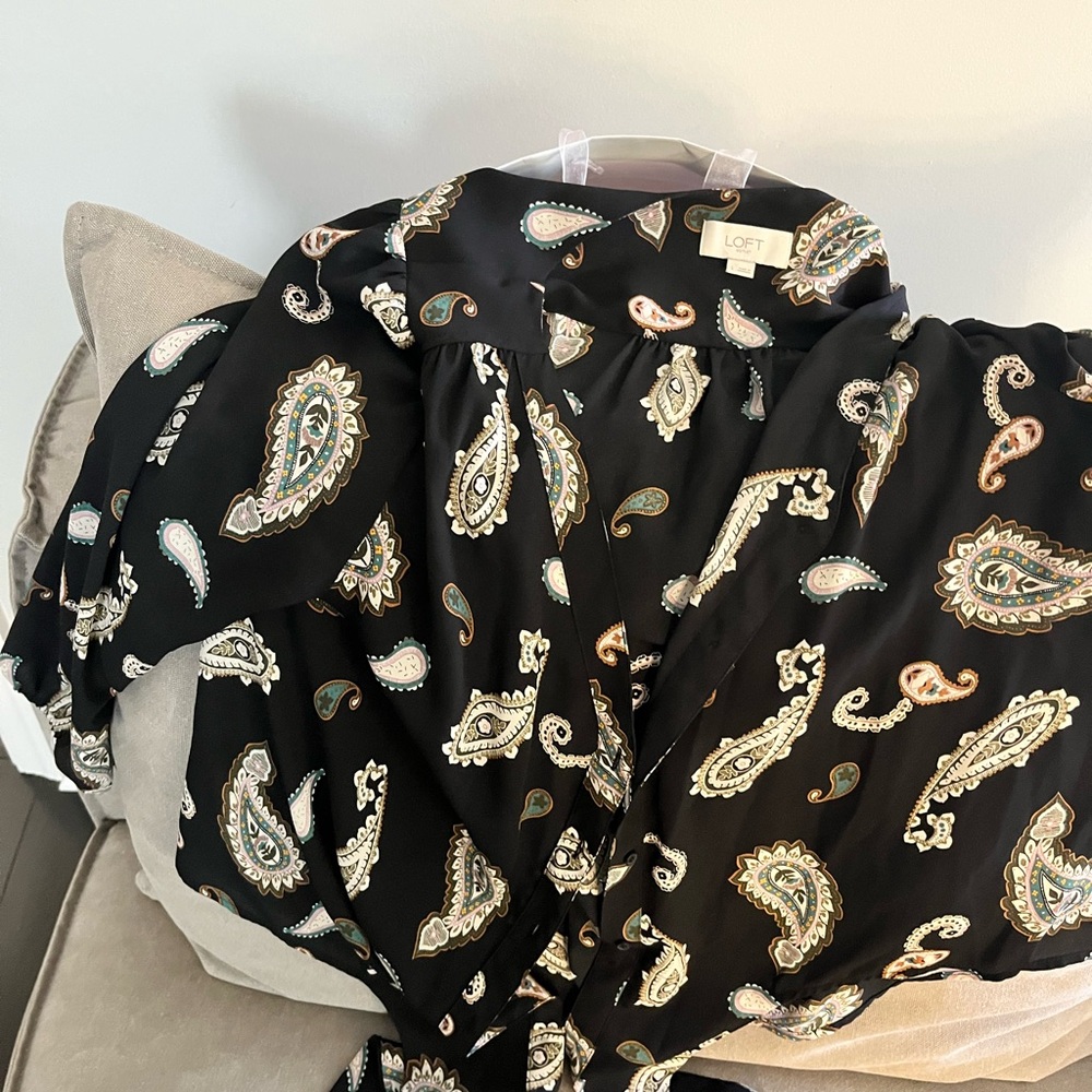 LOFT Black Paisley Blouse with front tie
